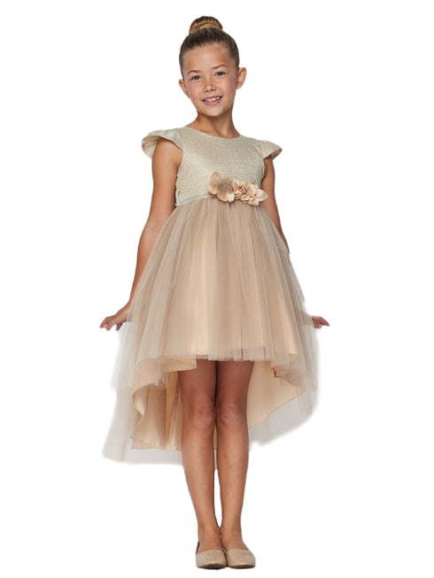 Cinderella Couture Big Girls Champagne Glitter Hi-Low Junior Bridesmaid Dress 8-12 - SophiasStyle.com
